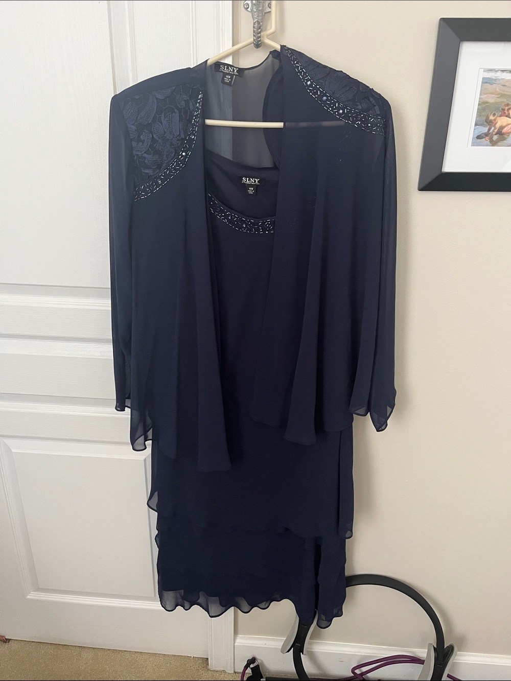 SLNY Navy Layered Chiffon Dress with Beaded Jacket